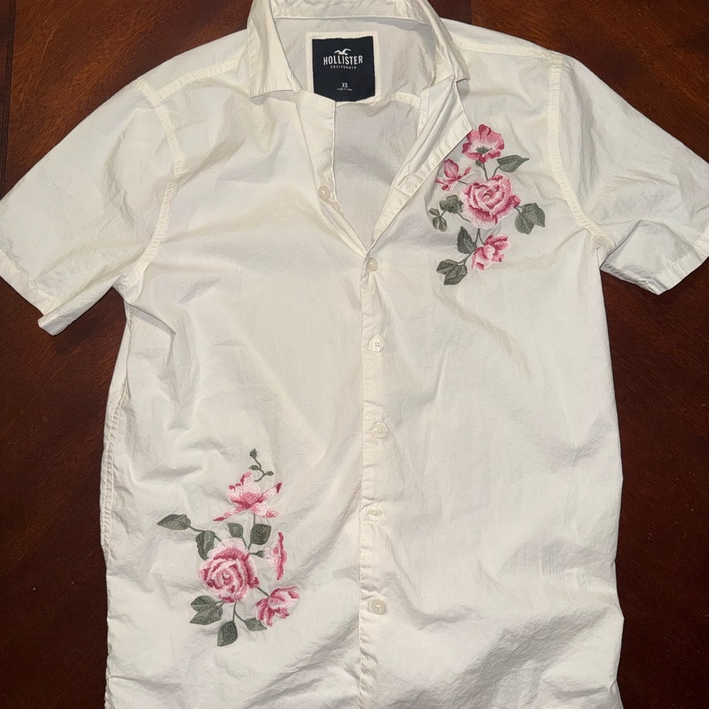 Hollister Cream Shirt with Pink Floral Design